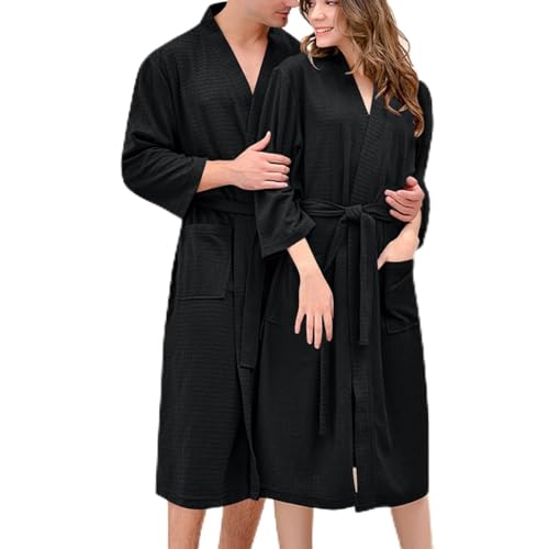 Oplxuo Unisex Waffle Knit Kimono Robe, Soft Cozy Breathable Lightweight Long Bathrobe with Side Pockets for Shower Spa House
