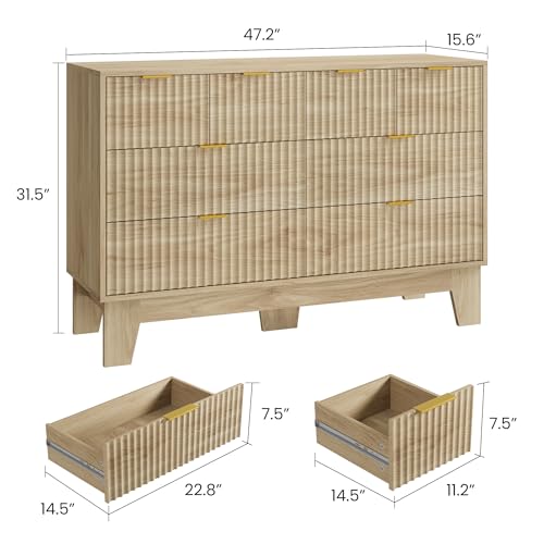 Image of Garvee 8 Drawer Dresser for Bedroom, 47 inch Wide Fluted Chest of Drawers with Metal Handle, Modern Wooden Dresser TV Stand, Clothes Storage Organizer Wood Closet for Hallway, Entryway, Natural Oak
