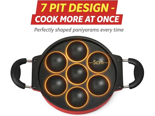 Image of Nonstick Paniyaram Pan 7 Pit with Lid | Appam Maker /Appe Pan for Gas Stove & Induction | Kuzhi Paniyaram, Paddu, Gunta Ponganalu Pan.