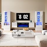 AMERLIFE High Gloss Living Room Entertainment Center with LED Lights, Including Floating Fireplace TV Stand with 36' Electric Fireplace & 2 Bookcases with Glass Doors, White