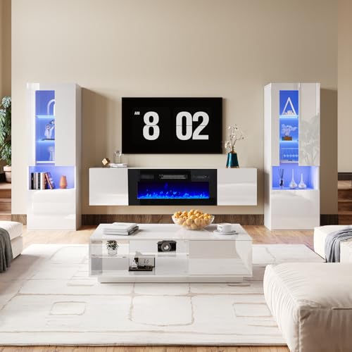 AMERLIFE High Gloss Living Room Entertainment Center with LED Lights, Including Floating Fireplace TV Stand with 36" Electric Fireplace & 2 Bookcases with Glass Doors, White