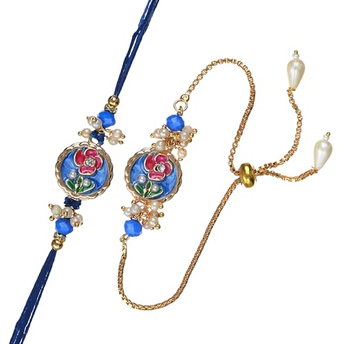 Image of eCraftIndia Beautiful Flower Designer Bhaiya Bhabhi Rakhis with Best Bro Ever Fridge Magnet | Set of 2 Rakhi for Brother and Bhabhi | Lumba Rakhi | Roli Chawal Pack | Roli Chawal Pack