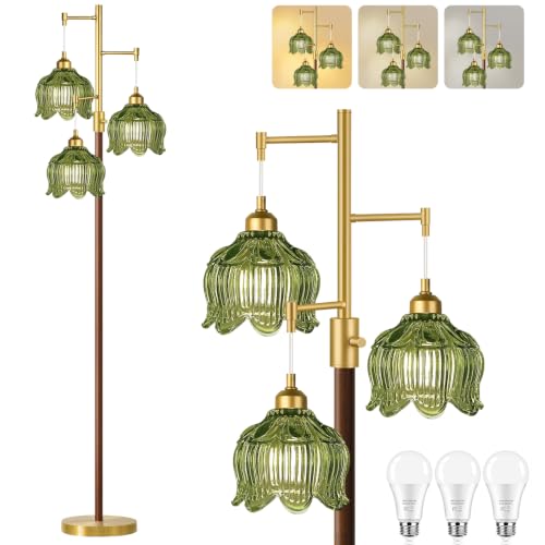 Image of ZECOXOL Wood Floor Lamps for Living Room Bedroom-Rustic Glass Floor Lamp with Three Led Bulb, Modern Mid Century Standing Lamp Brass Vintage Tall Lamp Gold Tree Floor Lamp for Bedroom Corner