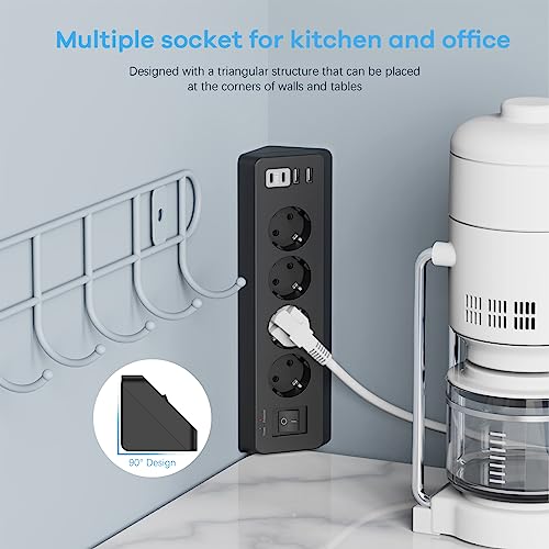 Ecksteckdose mit 2 USB und 2 Type-C, 4 Fach Mehrfachsteckdose mit Schalter, Steckdosenleiste Überspannungsschutz mit 2M Kabel für Küche (Schwarz) 3