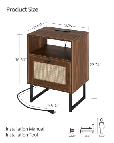 Image of Masupu Rattan Nightstand with Charging Station, Modern Boho Farmhouse Wood Bedside Table with Storage Drawer and Open Shelf, Side End Table for Bedroom, Office (Walnut)