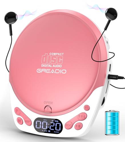 Image of Greadio Personal CD Player with Headphones, Portable Pink CD Player for Car & Home, Rechargeable CD Players with 60s Anti-Skip, Supports CD /MP3 /WMA /TF Card /AUX, Backlit /Lock /Programmable /Timer