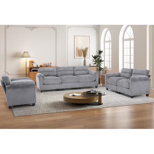 HAOMARKETS Corduroy Sofa Set, Upholstered Armchair, Loveseat, and 3-Seater Couch with Plush Cushions and Rolled Arms, Modern Living Room Furniture Sets,Grey - Thumbnail 2