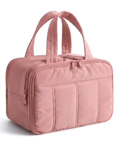BAGSMART Travel Toiletry Bag Puffy Large Toiletry Bag for Women Lightweight Cosmetic Makeup Bag Organizer with Handle for Traveling Accessories Essentials Toiletries Dark Pink