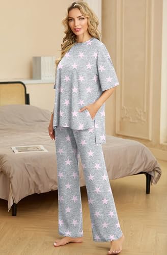 Image of PrinStory Womens Pajamas Sets 2 Piece Lounge Set Short Sleeve Tops and Long Pants Soft Pjs Loungewear with Pockets