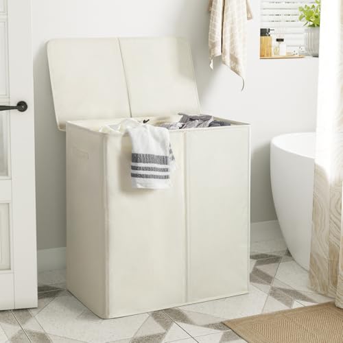 Image of WOWLIVE 140L Double Laundry Hamper with Lid and Removable Laundry Bags, Large Dirty Clothes Hamper 2 section Collapsible Laundry Basket Dorm Room Storage for Bedroom, Bathroom, College,Beige