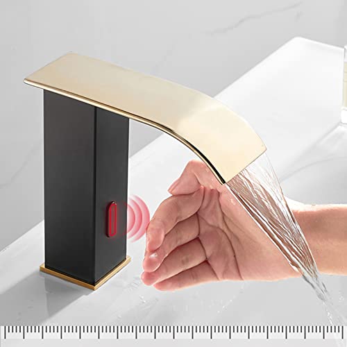 Grifo con sensor para lavabo en cascada monomando automático negro y dorado moderno 5