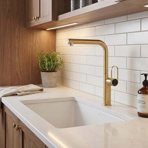 Image of INART Matt Gold Kitchen Faucet - Brass Pull Out Sink Mixer Tap with Dual Flow Sprayer, 360 Swivel Spout & Hot Cold Water Control
