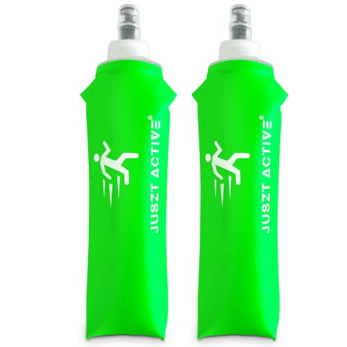 Juszt Active Soft Collapsible Water Bottle - Foldable Water Bottle with Bite Valve 500ml Gel Flask for Cycling Hiking Running BPA Free Reusable Water Flask for Travel Camping (Green 500ml 2)