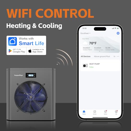 Varpoolfaye Electric Pool Heater Pump 5000 Gallon 120v Pool Heaters for Above Ground Pools 16000 BTU Swimming Pool Heat Pump WiFi Control Heat Or Cool Spa Heater Pump
