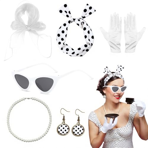 CHUANFU 8 Stück Rockabilly Accessoires Damen, 50er Jahre Damen Kleid Zubehör, 1950s Kostüm Set mit Schal Brille Handschuhe, Kleidung Vintage...