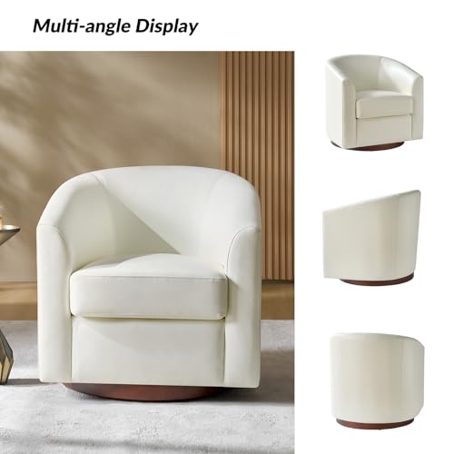 Image of HULALA HOME Faux Leather Swivel Accent Chair with Solid Wood Base, Round Swivel Barrel Chair for Living Room and Bedroom, No Assembly Required, White