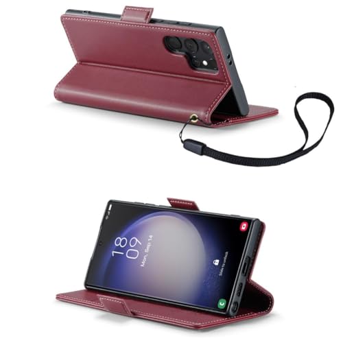 Image of Bracevor Deluxe Leather Flip Cover case for Samsung Galaxy S25 Ultra : Burgundy Red | Full Camera Cover | RFID Blocking Wallet Pockets | 360 Degree Protection