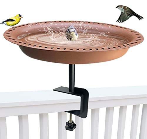 Garbuildman Deck Mounted Bird Bath Bowl Spa Birdfeeder & Adjustable Unheated Birdbath with Heavy Duty Clamp for Outdoor Garden, Oval Style, Brown