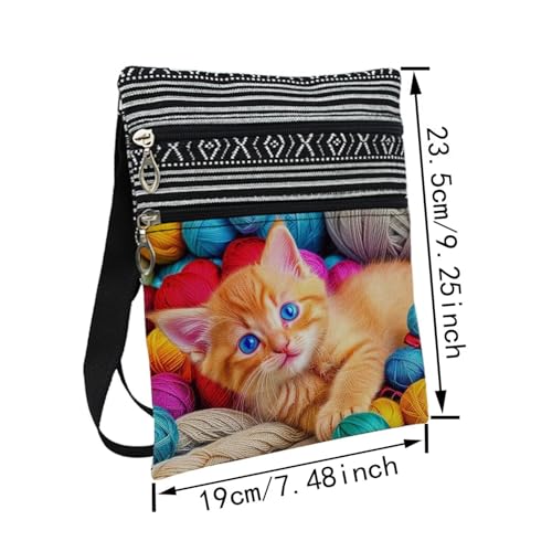 Yarn Ball Cat Messenger Bag Small Ethnic Pattern Printed Adjustable Strap Crossbody Zipper Pouch Yarn Ball Cat Phone Organizer Wallet Cute Shoulder Handbag for Women2