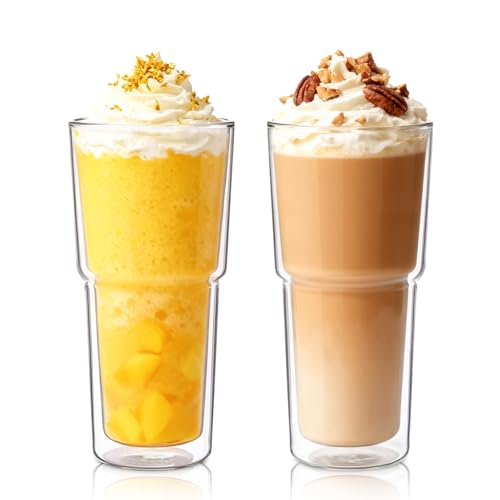 INSETLAN 20oz Double Wall Glass Cups Set of 2 – Borosilicate Glass Tumblers, Clear Insulated Glass Coffee Cups for Cappuccino, Latte, Espresso and Tea, Hot & Cold Resistant