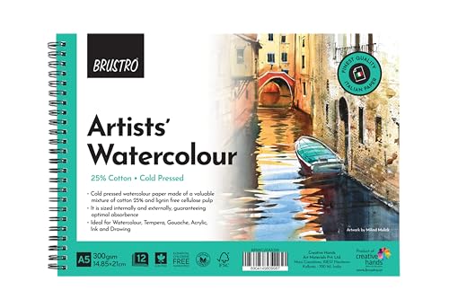 Image of BRUSTRO Artists Watercolour Pad | 25% Cotton, 300 GSM, A5, Wiro Bound, Spiral, Cold Pressed, 12 Sheets, 24 Perforated Pages | Ideal for Watercolors, Acrylic, Tempera, Gouache, Ink, Pastels.