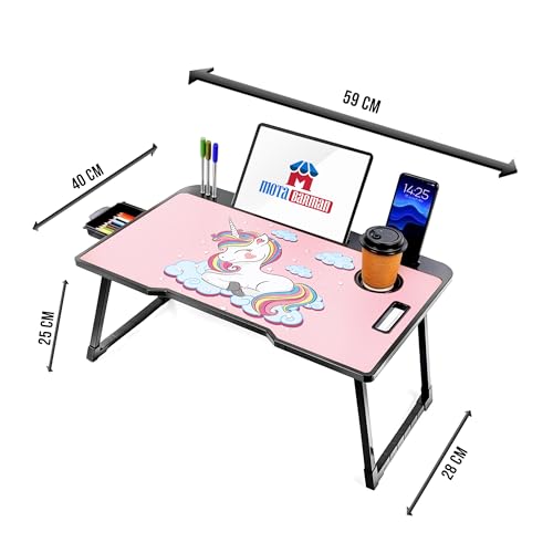 Image of Foldable Wooden Laptop Bed Tray Table, Multifunction Lap Tablet Desk with Cup Holder, for Eating Breakfast, Reading Book, Working, Watching Movie on Bed (Unicorn)