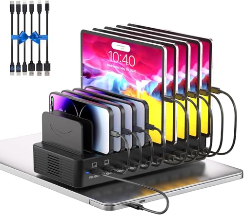 580W Charging Station for Multiple Devices, 10-Port USB C Fast Charger Station, Dual PD 100W Charging Dock with Adjustable Dividers & 6 Cables-Device Organizer for Laptop, Cell Phone, iPhone, iPad