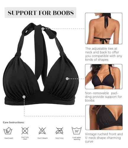 Women's Retro 50s Plaid Pattern Polka Dot Halter Molded Soft Pads Vintage Bikini Swimsuits Tops2