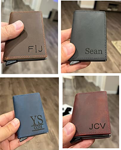 Personalized Christmas Gift Genuine Leather Wallet for Men and Women. Handwriting Engraved Minimalist wallet. Custom Pop Up Card Holder. (Red)3