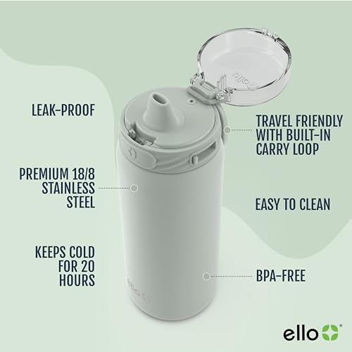 Image of Ello Cooper 18oz Kids Stainless Steel Water Bottle with Straw and Carry Handle, Double Walled and Vacuum Insulated Metal, Leak Proof Locking Lid with Soft Silicone Spout, Reusable, BPA Free, Sage