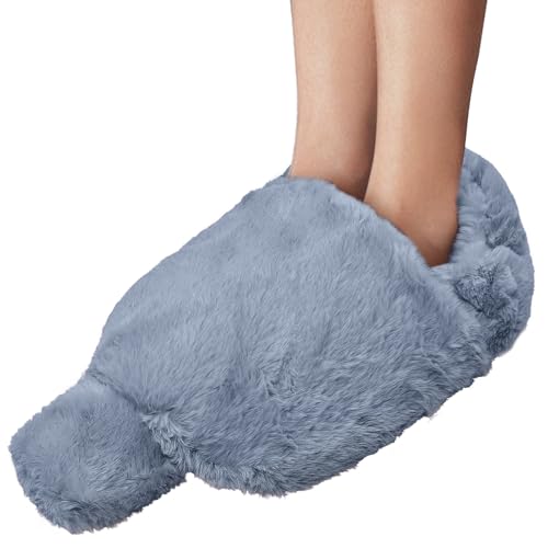 Reusable 2L Hot Water Bottle with Faux Rabbit Fur Foot Warmer Cover – Soft Plush Sleeve for Women Men, Relieves Cold Feet and Aches, Ideal for Winter, Bedtime, and Office Use (Grey)