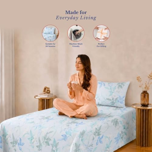 Image of Jaipur Weaves Single Bed Cotton Bedsheet with 1 Pillow Cover, 100% Pure Cotton Single Bedsheet 60x90 Inches, 240 TC Soft Breathable Floral Bed Sheet (Aqua Floral, Single)