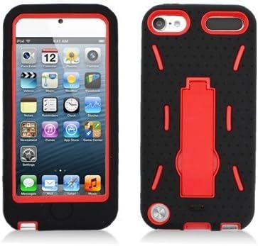For Apple iPod Touch 5 Armor 3 in 1 w/Stand Black Skin+Red Rubber