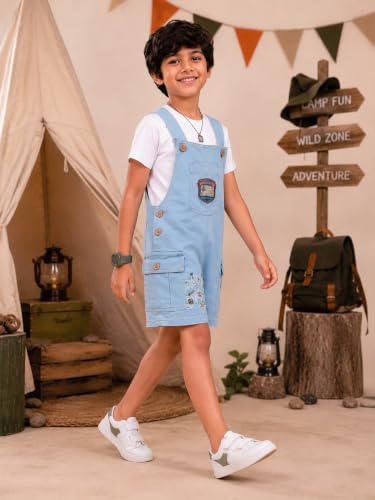 Image of KiddoPanti Unisex Denim Cargo Dungaree Shorts | 69.1% Cotton 29% Spun Poly 1.9% Spandex | Above Knee Length | Soft Breathable Summer Dungaree