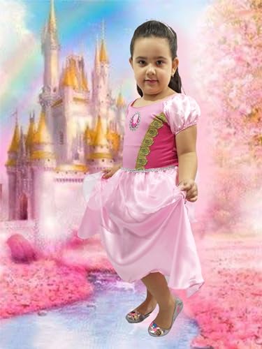 Vestido Princesa Rosa Infantil Aniversário Fantasia E Coroa Tiara (M (veste 5 a 6 anos))