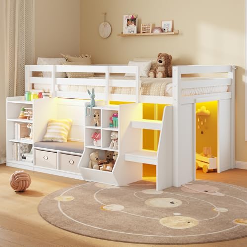 Low Loft Bed Twin Size with LED Lights Wooden Kids Twin Loft Bed with Storage Bookcase Toy Box Reading Nook and Secret Play Space Modern loft Bed with Stairs and Safety Guardrails for Boys Girls