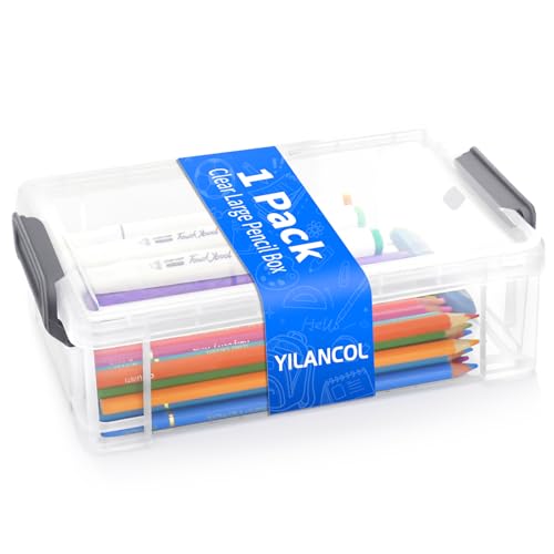 YILANCOL Caixa de lápis transparente extra grande para giz de cera, marcadores, materiais de arte, estojo rígido de plástico com tampa segura, caixa organizadora de armazenamento rígido empilhável