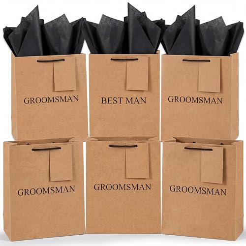 Resholder 6 Pack Groomsmen Gift Bags with Tissue Paper DIY Best Man Proposal Favor Bag with Tag Bachelor Wedding Gifts for Groomsman Best Man Bachelor Party (Medium Brown Black)