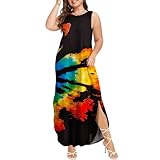 Wolddress Womens 2025 Plus Size Sleeveless Tank Dress Casual Loose Sundress Split Summer Beach Long Maxi Dresses with Pockets Tie Dye Rainbow M