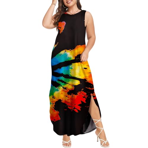 Image of Wolddress Womens 2026 Plus Size Sleeveless Tank Dress Casual Loose Sundress Split Summer Beach Long Maxi Dresses with Pockets