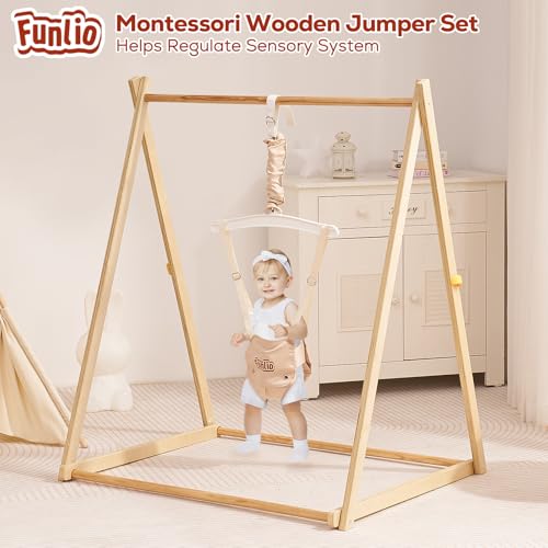 Image of FUNLIO Montessori Wooden Baby Jumper with Stand for 6-36 Months, Adjustable Baby Bouncer for Indoor /Outdoor Play, Foldable Toddler Jumper for Baby Girl /Boy, Easy to Assemble & Store