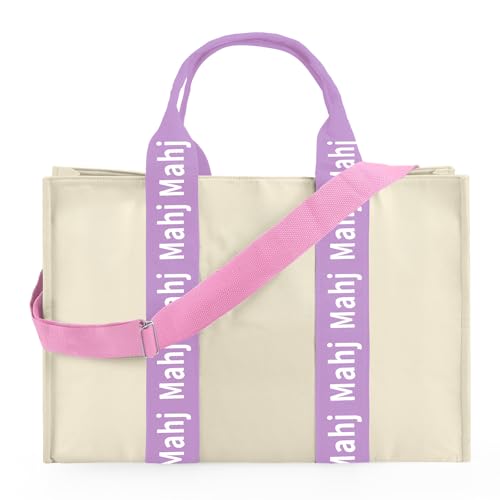 Locmeo Empty Mahjong Bag for Tiles 22x15x6 Inches Thickened Canvas Mahjong Carrying Tote Bag with Lining and Thicker Handle for Enthusiasts Women or Men Party Supplies, Case Only(White and Purple)