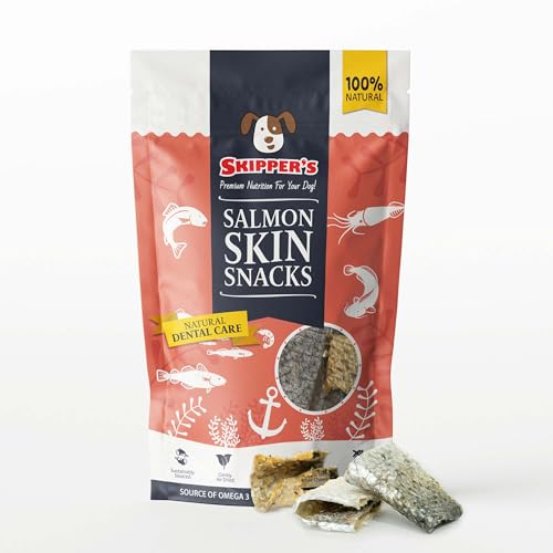 SKIPPERS Salmon Skin Snacks Dog Treats - Gently Air Dried 100% Salmon Skin Chews Great for Cleaning Teeth Essential Omega 3 Oil Hypoallergenic Wheat & Gluten Free Fish Treat for Dogs | (3.52 Oz)