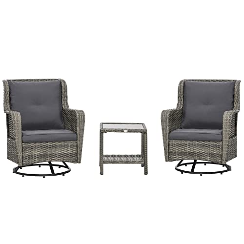 Outsunny 3 Piece Wicker Patio Bistro Set With Cushions, Pe Rattan Outdoor Porch Furniture With 360° Swivel Chairs, And Glass Top Table For Backyard, Garden, Pool, Gray #TOP18