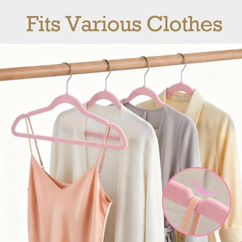 Image of HOUSE DAY Lt Pink Velvet Hangers 60 Pack, Non Slip Clothes Felt Hanger Heavy Duty for Coat, Premium Slim Space Saving Suit Hangers for Closet Organizer, 360 Rotating Silver Hook
