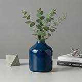Sunddo Blue Ceramic Vase for Pampas Grass - 4 Inch Small Decorative Flower Vase, Farmhouse Coastal Vases Home Decor, Shelf, Office, Bathroom Decoration, Book Shelf, Night Stand Decor
