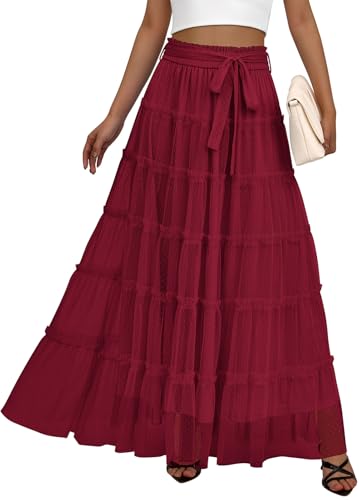 Long Skirts for Women 2025 Fall Casual Tulle Swiss Dots A-Line Flowy Ruffle Tiered High Waist Maxi Skirt Vacation Outfits2