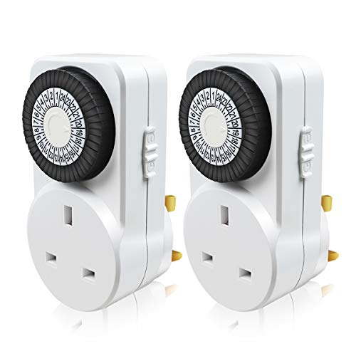 EXTRASTAR 24 Hour Mechanical Segment Timer Switch, [2 Pack] Energy Saving UK Mains Wall Plug in Socket with Programmable Time Controller - White