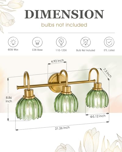 Image of 3-Light Gold Bathroom Light Fixtures with Green Tulip Glass Shade | 21 Inch Vanity Lights for Bathroom, Brass Vanity Lighting Fixtures Over Mirror, AD-22282-3W-GD-GR