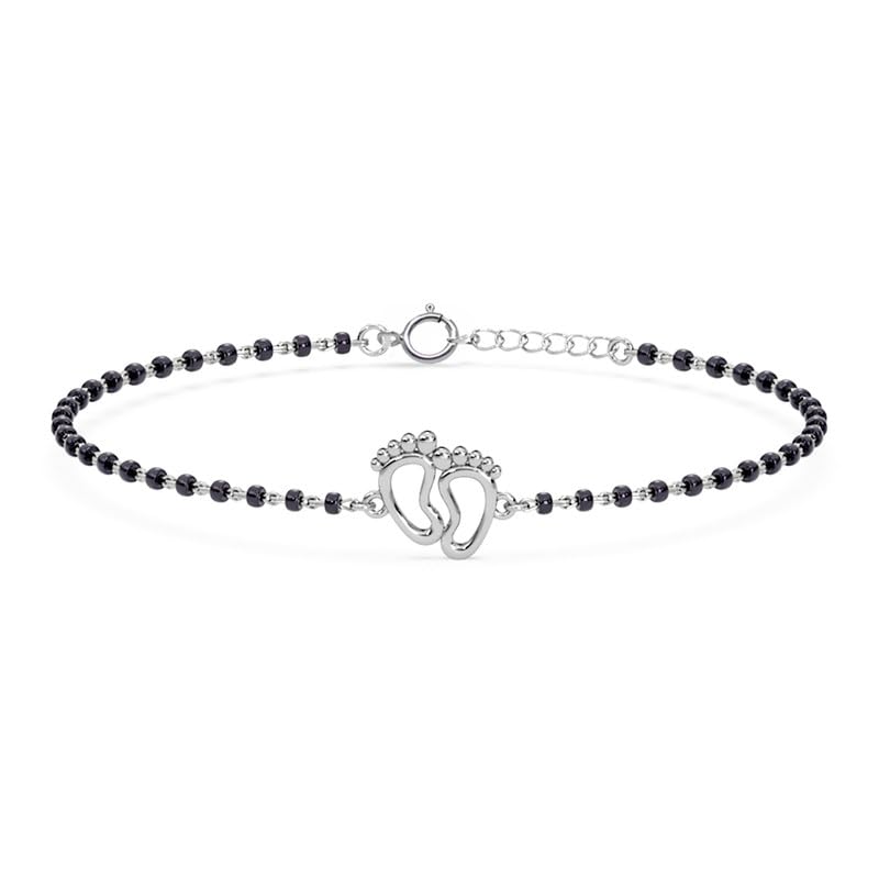 Image of Clara 925 Sterling Silver Baby Nazariya Kids Footprint Bracelet With Black Beads | New Born to 1 Year | Length 5 inch, Adjustable | Gift For Baby Boys and Girls
